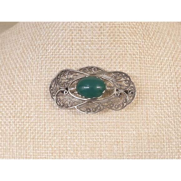 The Unbranded Brand Jewelry - Stunning Art Nouveau Sterling Silver & Jade Brooch / Pendant